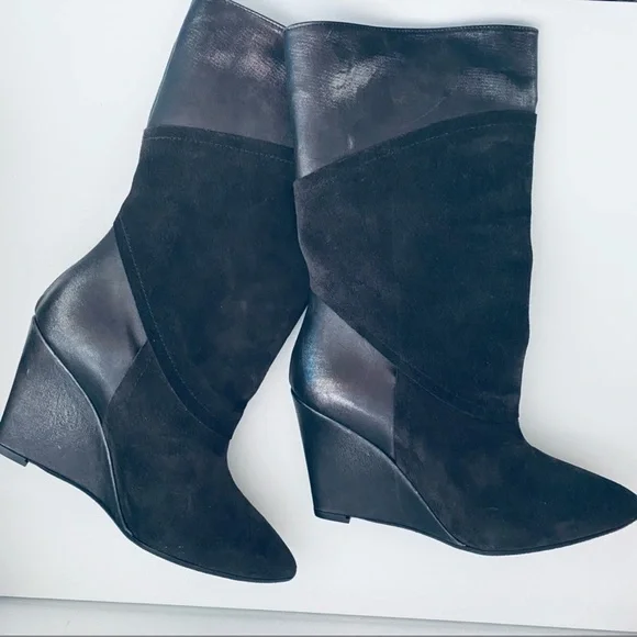 Black Suede Wedge Boots New Leather Black Pointed Toe Retro Style Size 9 - Picture 5 of 12